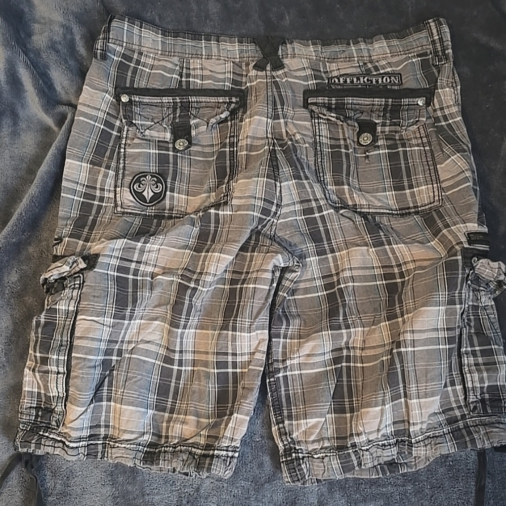 Affliction Black Premium Plaid Cargo Shorts Mens Sz 36 Multi-Pocket Y2K - Picture 10 of 12